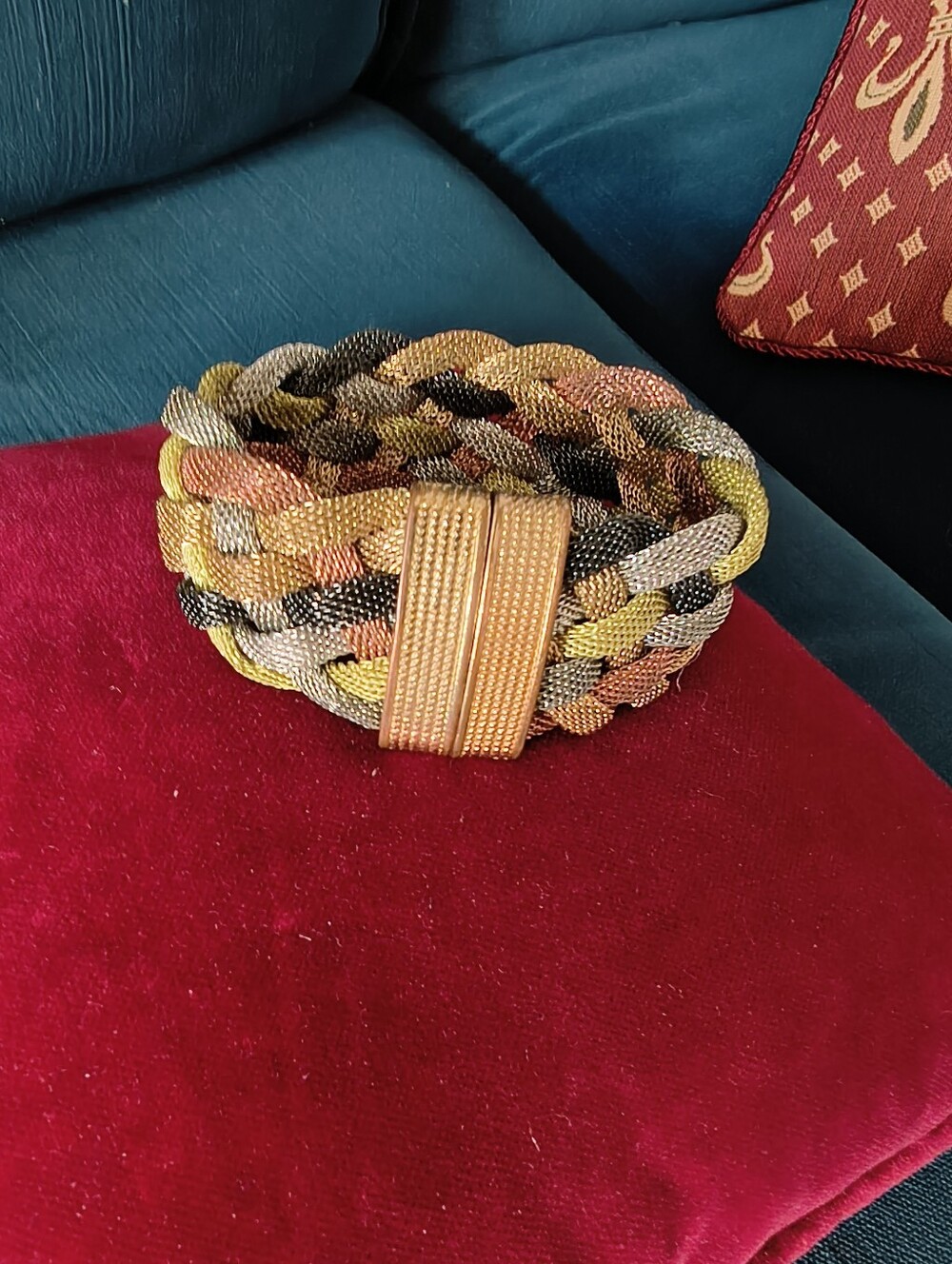 Multi Gold Yellow Rose Green Black Braided Bracelet Magnetic Clasp Vintage